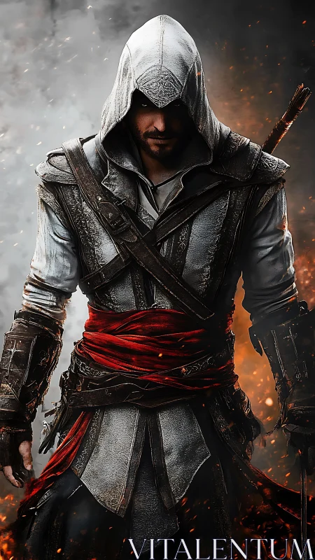 Hooded rogue strides through embers with quiet resolve.