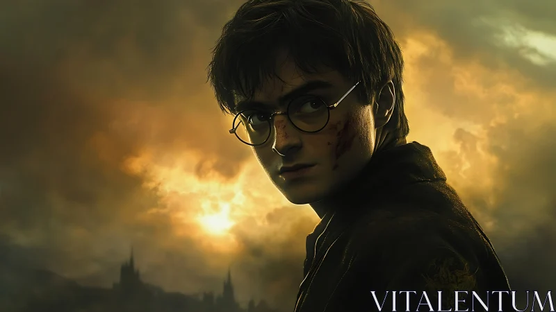 Stormlit young wizard turns toward fate in burning skies