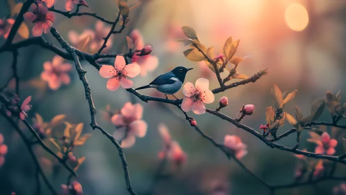 Small bird sits on blooming branch in warm sunset light