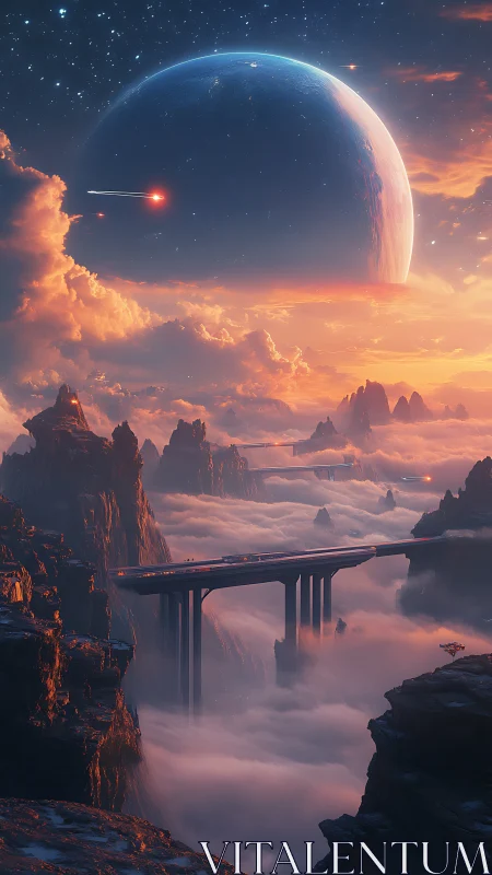 Starry alien sky crowns a luminous bridge above cloud canyons