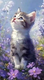 White Kitten with Blue Eyes Surrounded by Purple Flowers