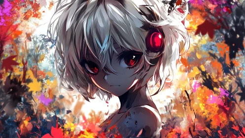 White-haired anime figure with red eyes in abstract foliage.