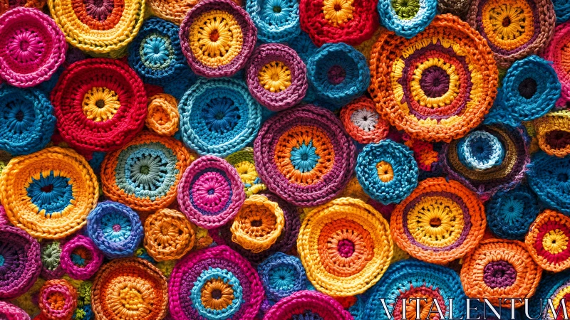 Radially layered crochet circles form dense, multicolor textile array