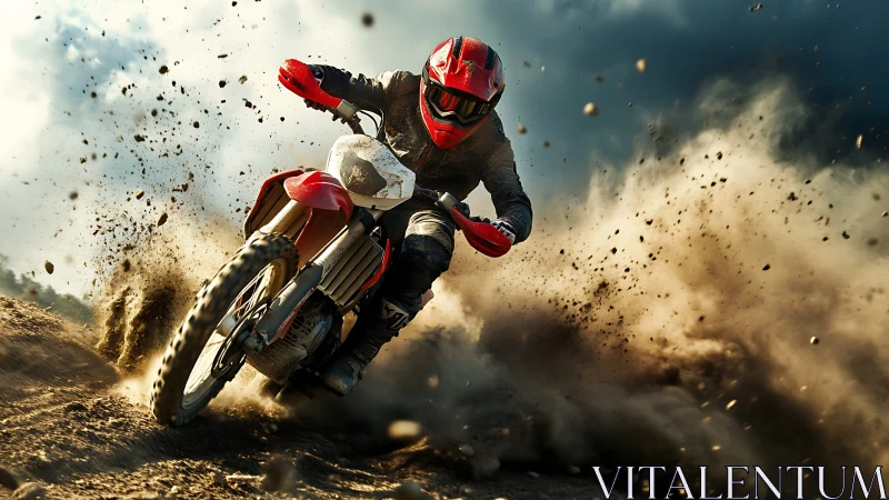 Motocross rider carves aggressive turn through flying dirt