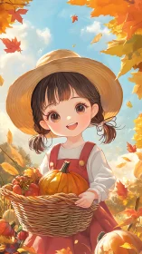 Young girl holding autumn harvest basket outdoors.
