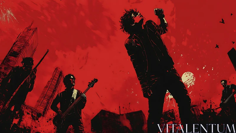Urban rock band silhouette against red dystopian city skyline