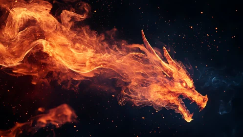 Fiery dragon head emerges from swirling flame stream