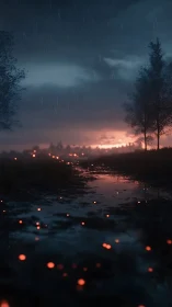 Rainy Dusk Over Flooded Urban Landscape.