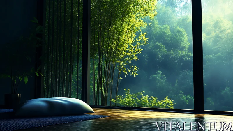 Calm zen corner bathed in soft forest morning light.