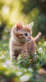 Ginger tabby kitten in natural outdoor setting with bokeh background