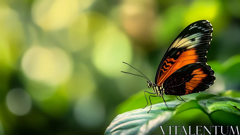 Vibrant orange butterfly rests quietly in soft forest light