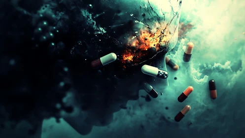 Exploding translucent head silhouette illustrates pharmacological neural overload