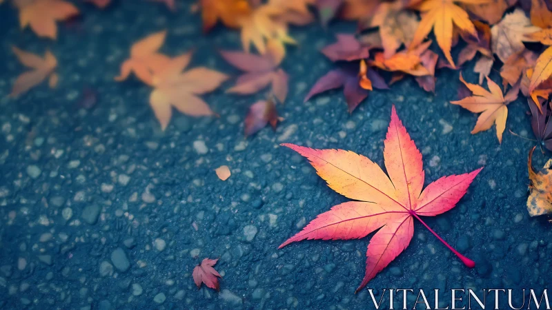 Bright maple leaf resting on a quiet blue autumn street.