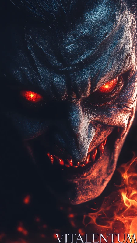 Demonic face emerges from darkness with burning red eyes