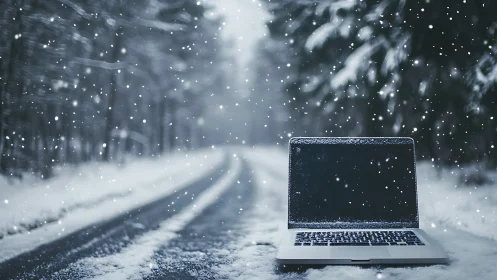 Open laptop in snowfall on deserted winter road with shallow focus