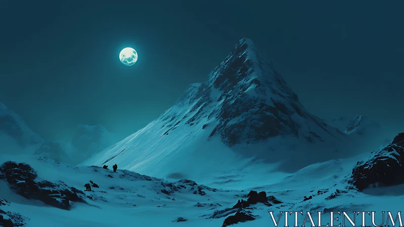 Luminous moon above icy peak in teal night silence.