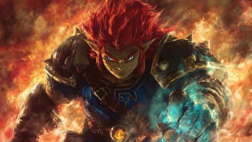 Flame crowned warlord charges through fire with arcane fist.