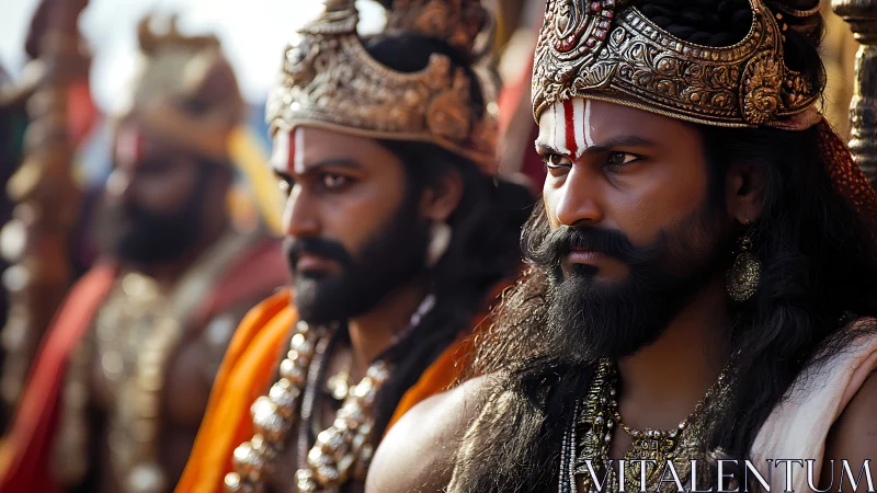 Regal warrior close-up with ornate crown and sacred tilaka