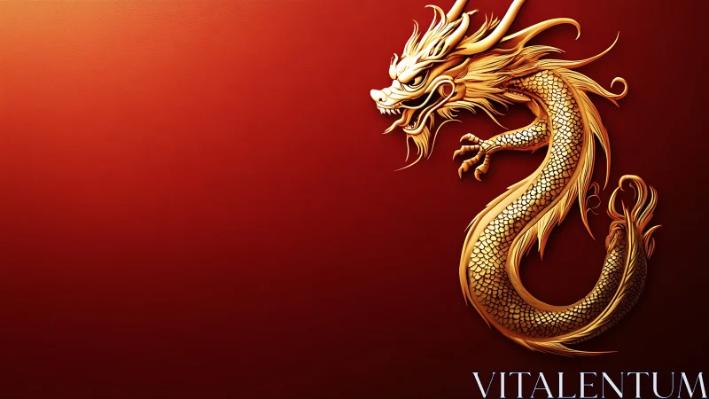 Golden dragon coils in crimson void, blazing with regal fire.