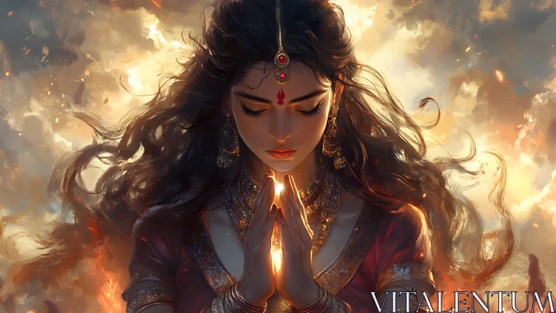 Luminescent devotee in fiery aureole, high-detail digital painting.