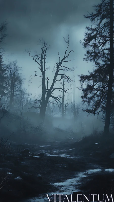 Fog drenched forest path under storm darkened sky.