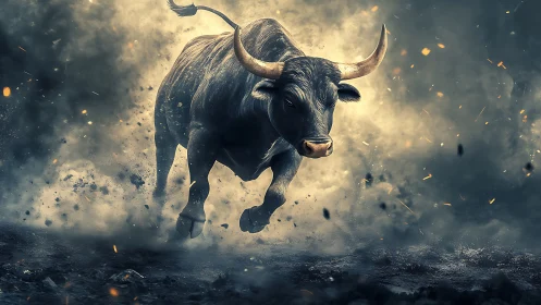 Charging bull rendered in dynamic cinematic digital painting