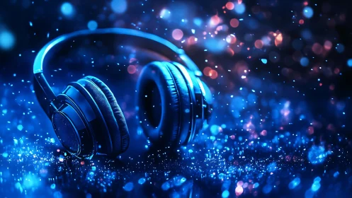Glow of night music in dreamy blue headphone sparkle.