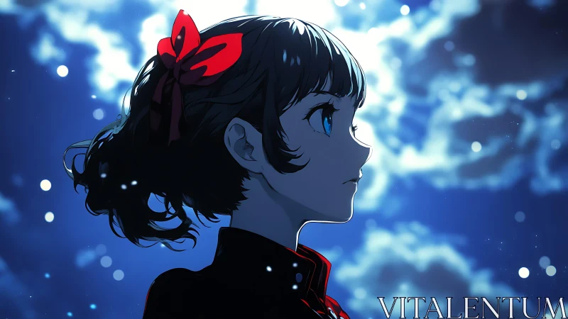 Starlit girl gazes upward, wrapped in quiet midnight wonder