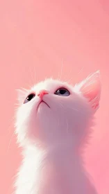 White Cat Gazing Upward Against Pink Background.