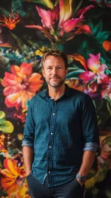 Relaxed portrait against vibrant blooming floral mural.