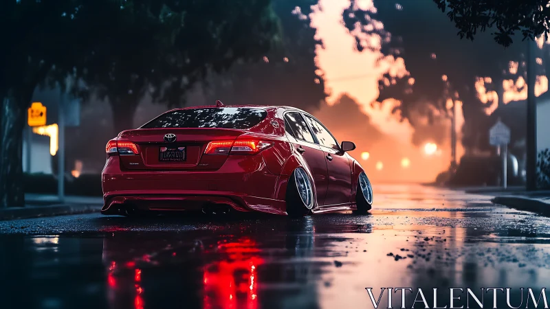 Lowered red Toyota sedan on wet street at dusk.