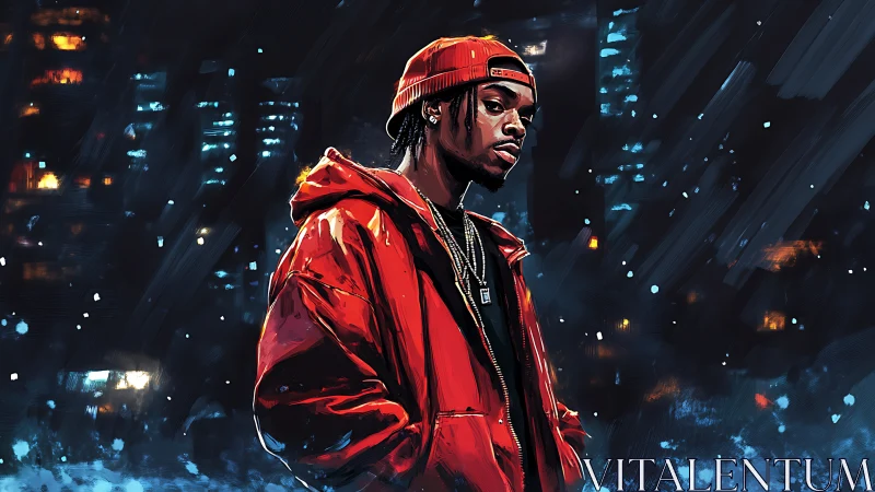 Urban youth in red jacket stands under night city lights