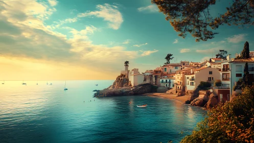 Sunlit harbor village leans lazily into a turquoise afternoon