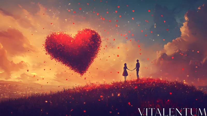 Silhouetted Couple Beneath Radiant Heart Formation in Golden Sunset Sky.