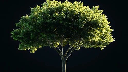 Isolated sunlit deciduous tree under controlled black backdrop.