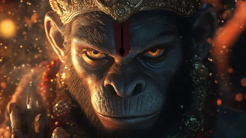 Divine warrior simian in molten gold ceremonial crown.