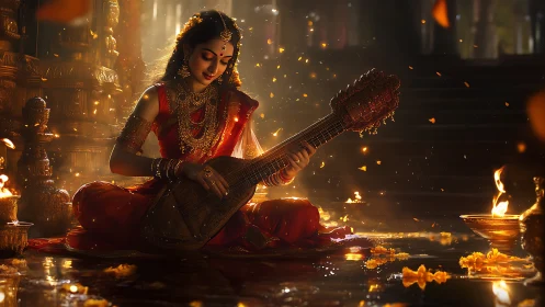 Luminous temple sitar performance in ritual firelit ambience.