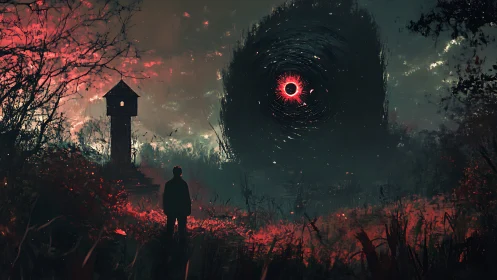 Solitary figure confronting a luminous cosmic vortex at dusk