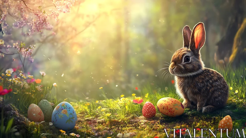 Young rabbit among painted Easter eggs in spring forest.
