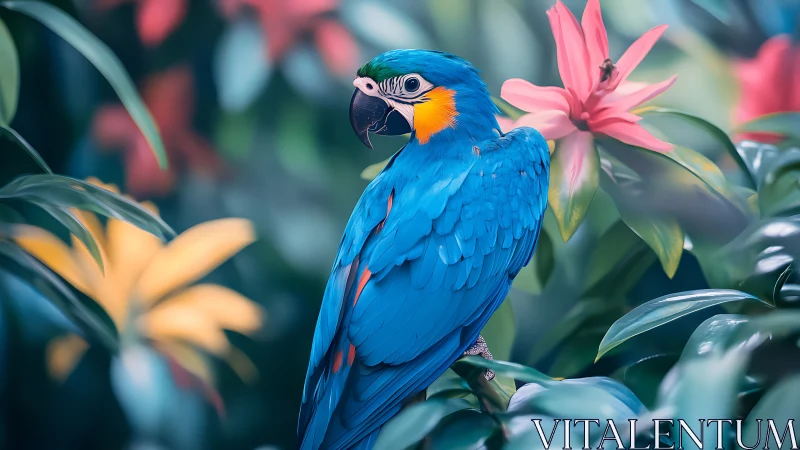 Vibrant blue-and-yellow macaw in lush tropical garden, digital art.