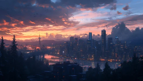 Futuristic harbor skyline glows under layered sunset clouds