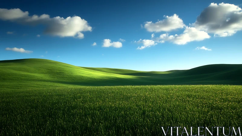 Green hills under blue sky show soft daylight gradients