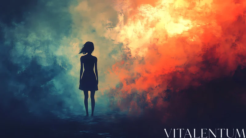 Silhouetted figure before divided blue and orange haze.