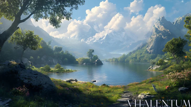 Mountain lake landscape with trees, rocks, and distant peaks.