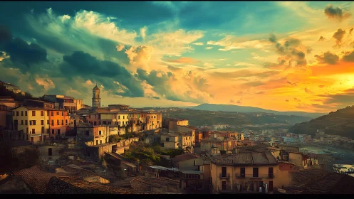 Old Italian hilltown glows under dramatic sunset sky.