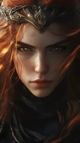 Fiery-haired fantasy queen with ornate metal circlet, close portrait