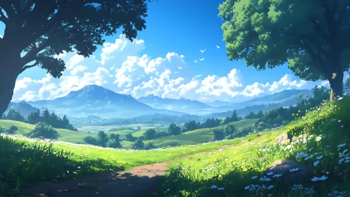 Mountain valley landscape with trees and distant hills.