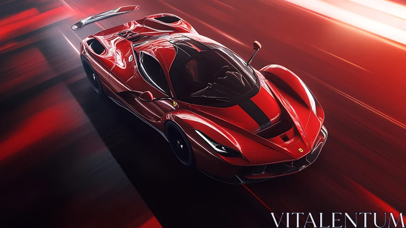 Computational rendering of crimson hypercar in motion blur field.