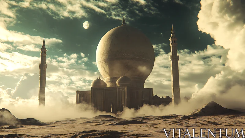 Desert mosque with suspended hemispherical dome in volumetric fog
