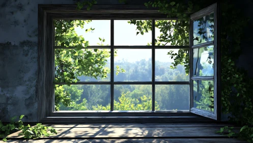 Sunlit forest landscape framed by rustic open window.